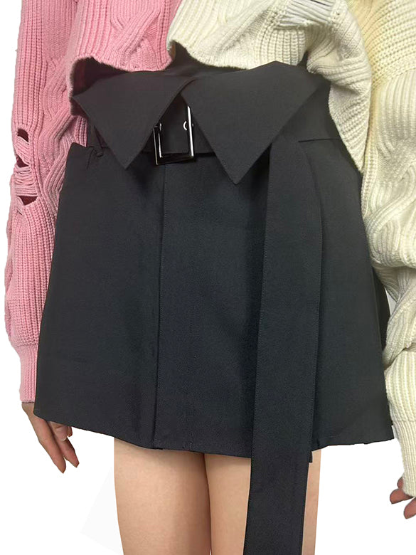 2way Asymmetry Pleats Belted Wrap Skirt