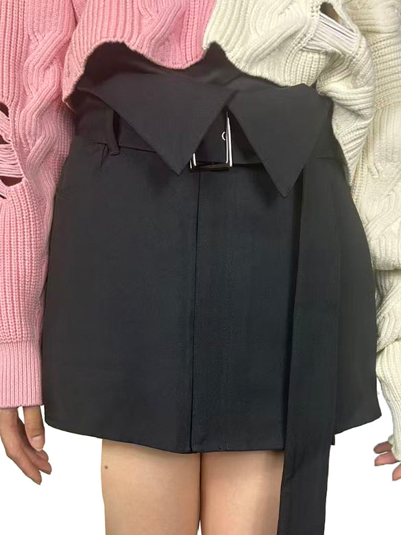 2way Asymmetry Pleats Belted Wrap Skirt