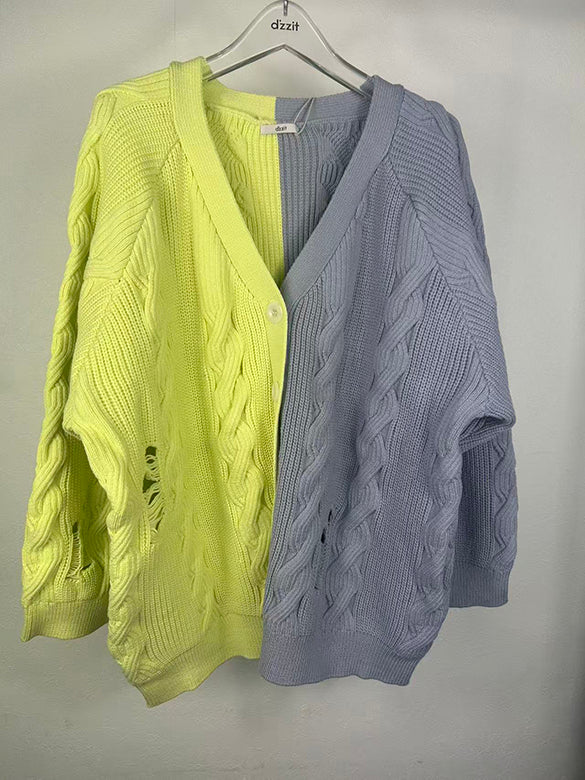 Bi-color Damage Cable Knitting Cardigan