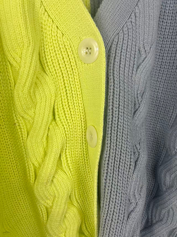 Bi-color Damage Cable Knitting Cardigan