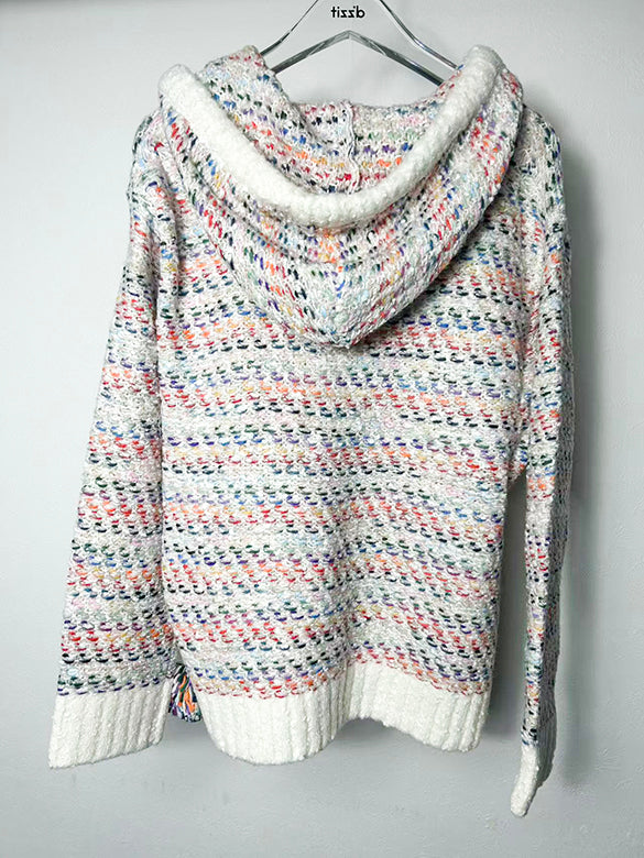Multi-color Pompon Hoodie Knit