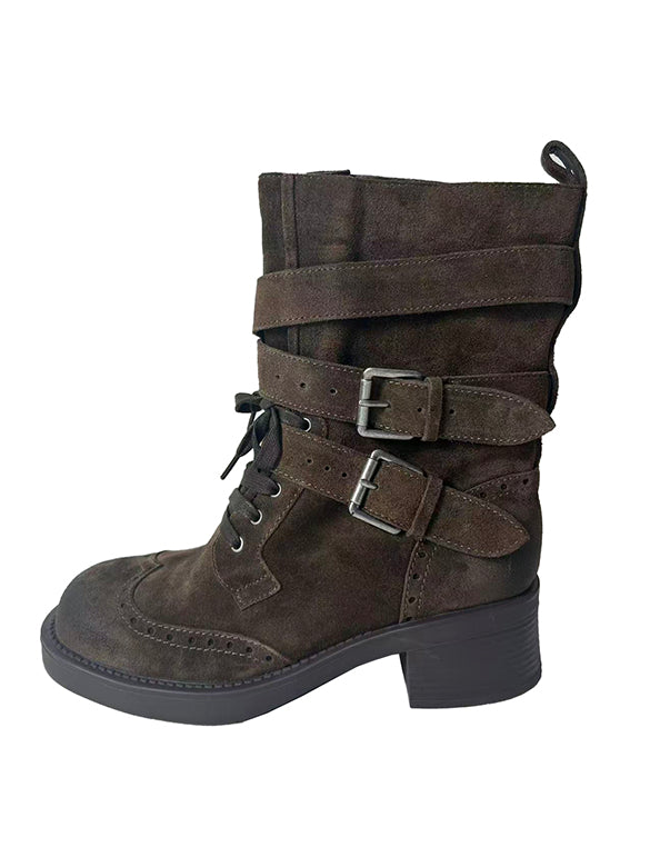 Buckle Belted Suede Short Boots
