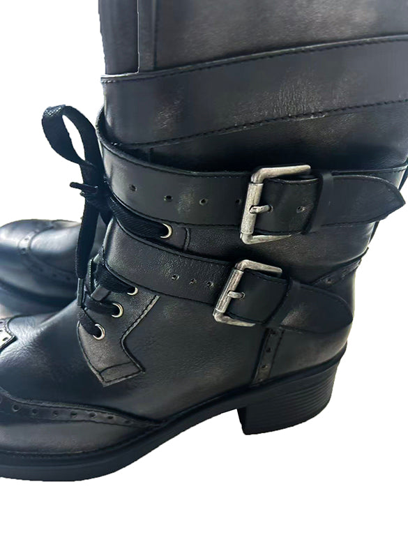 Buckle Belted Leather Short Boots