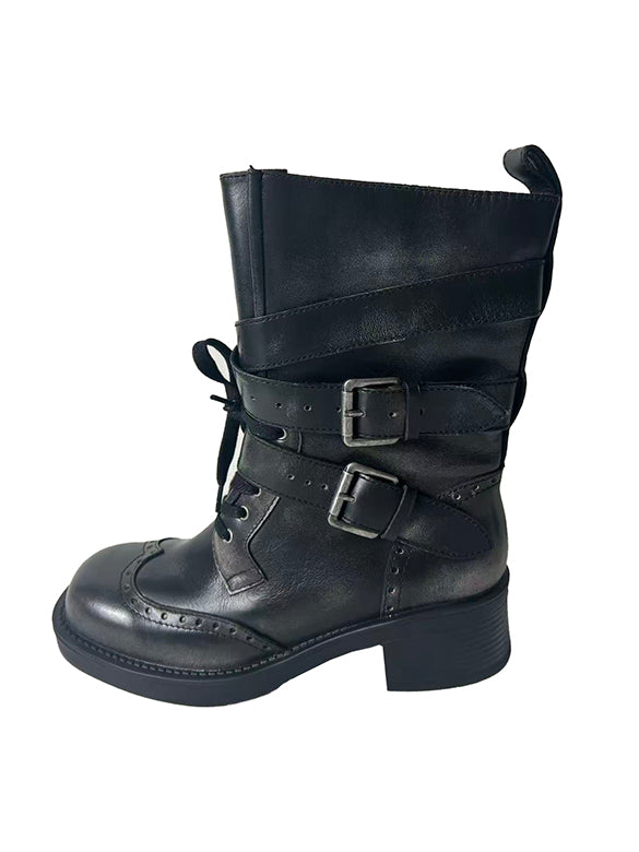 Buckle Belted Leather Short Boots