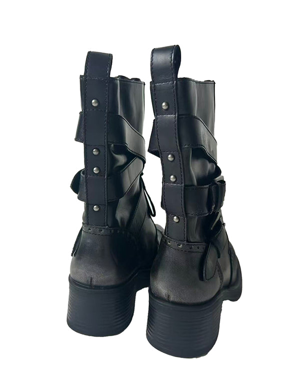 Buckle Belted Leather Short Boots