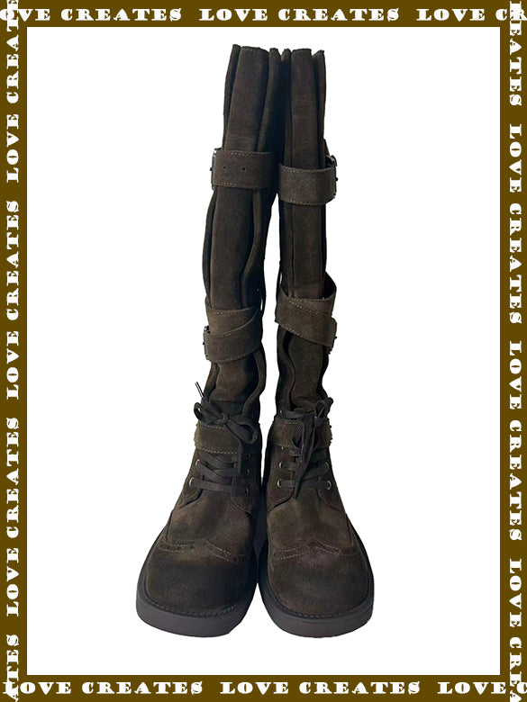 Buckle Belted Suede Long Boots