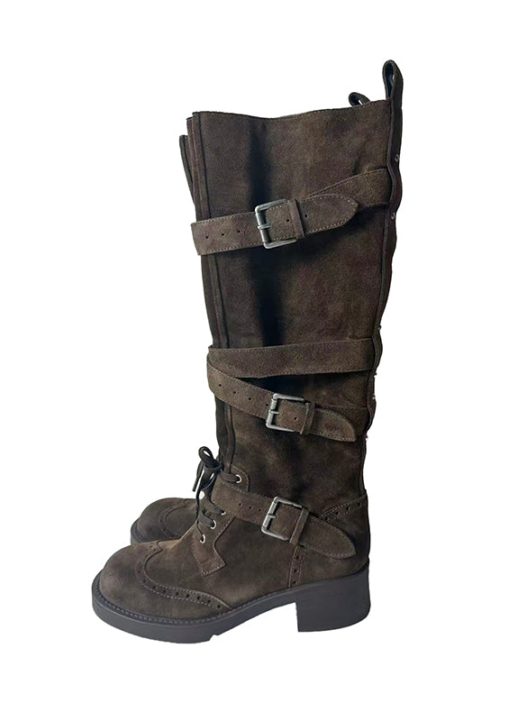 Buckle Belted Suede Long Boots