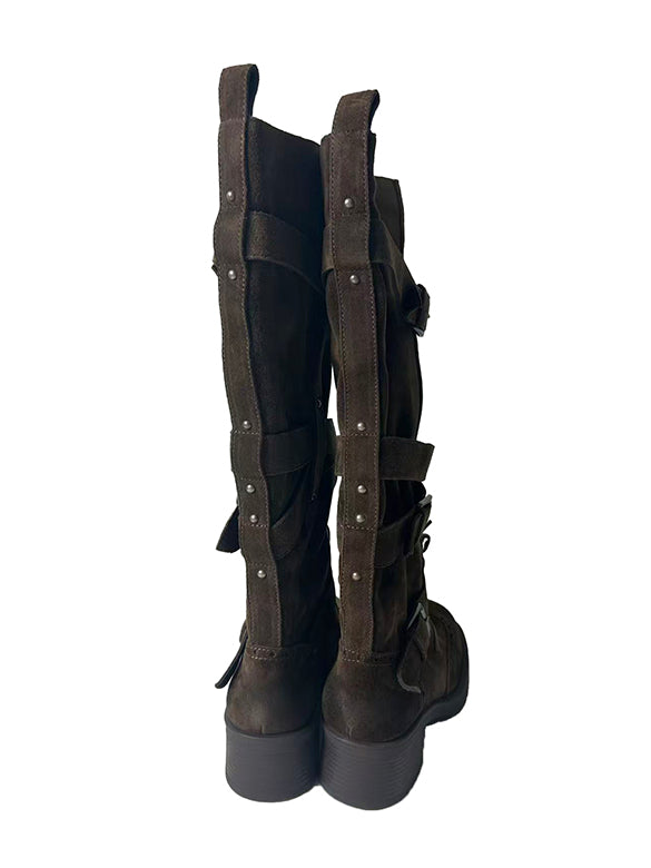 Buckle Belted Suede Long Boots