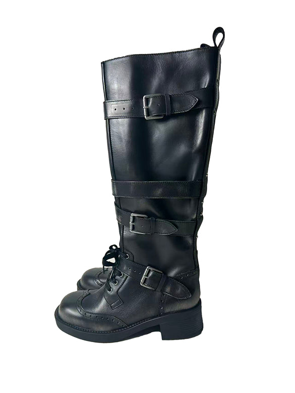 Buckle Belted Leather Long Boots
