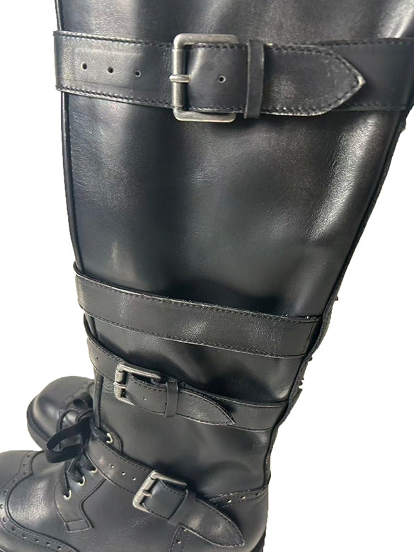 Buckle Belted Leather Long Boots