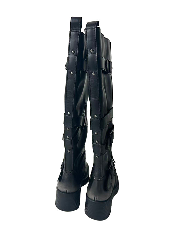 Buckle Belted Leather Long Boots