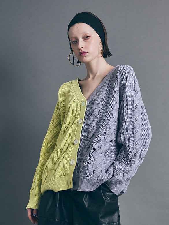 Bi-color Damage Cable Knitting Cardigan