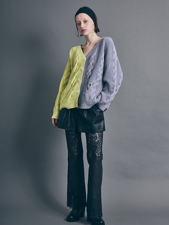 Bi-color Damage Cable Knitting Cardigan