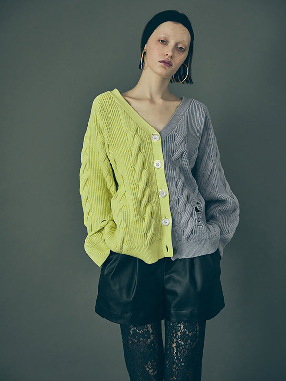 Bi-color Damage Cable Knitting Cardigan