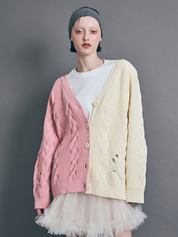 Bi-color Damage Cable Knitting Cardigan