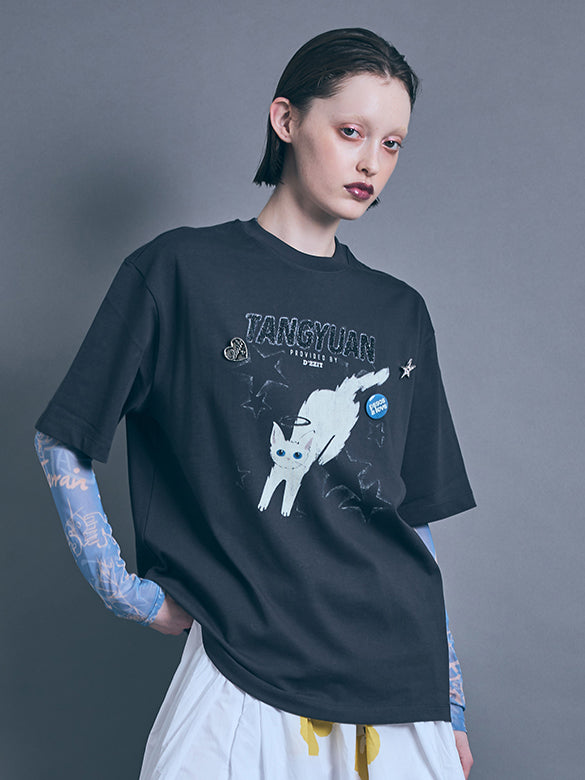 Cat Printed Badge T-shirt