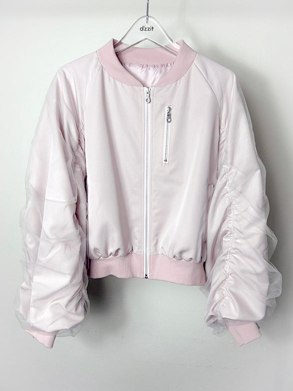 Tulle Combination Gather Sleeves Blouson