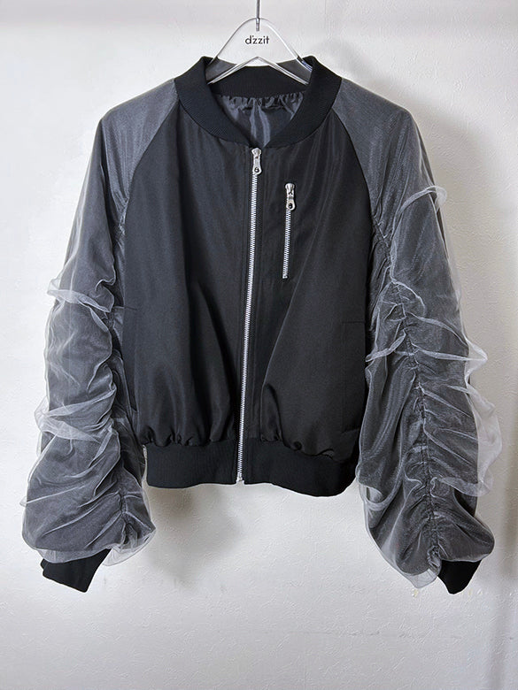 Tulle Combination Gather Sleeves Blouson