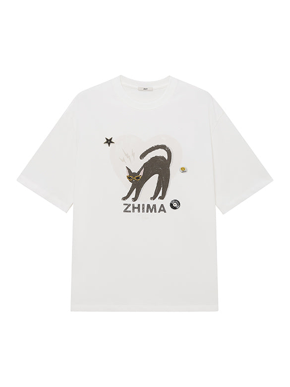 Cat Printed Badge T-shirt