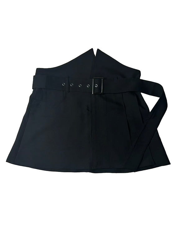 2way Asymmetry Pleats Belted Wrap Skirt