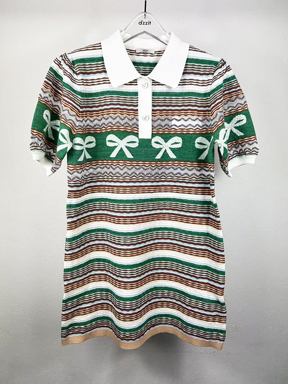 Retro Ribbon Stripe Polo Knit Dress