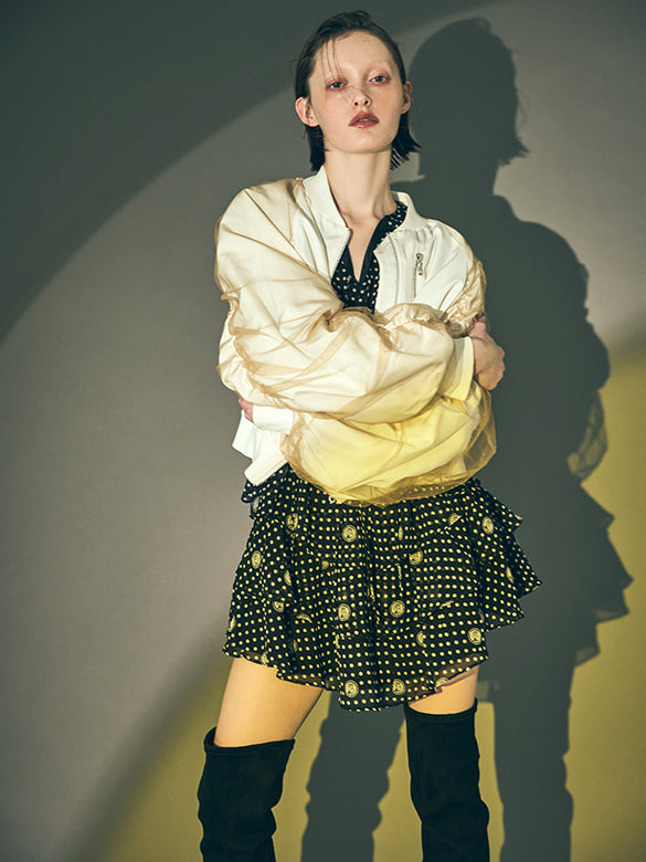 Tulle Combination Gather Sleeves Blouson