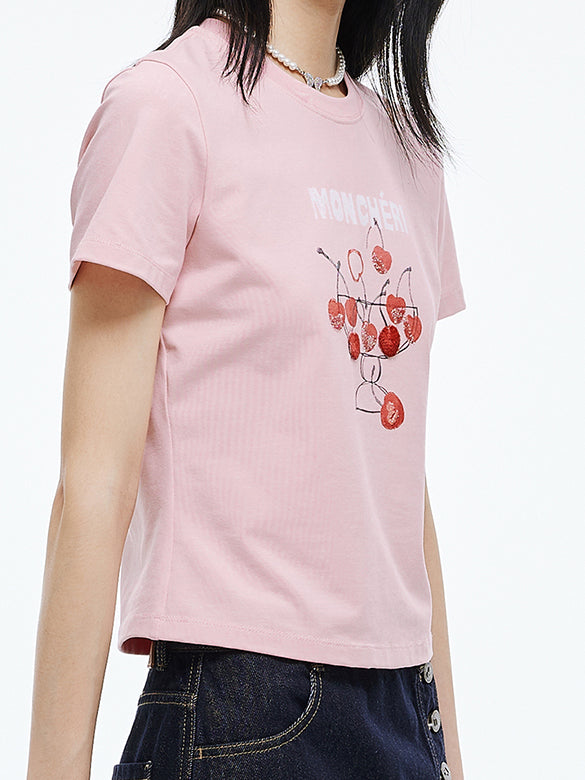 Cherry Printed & Beads T-shirt