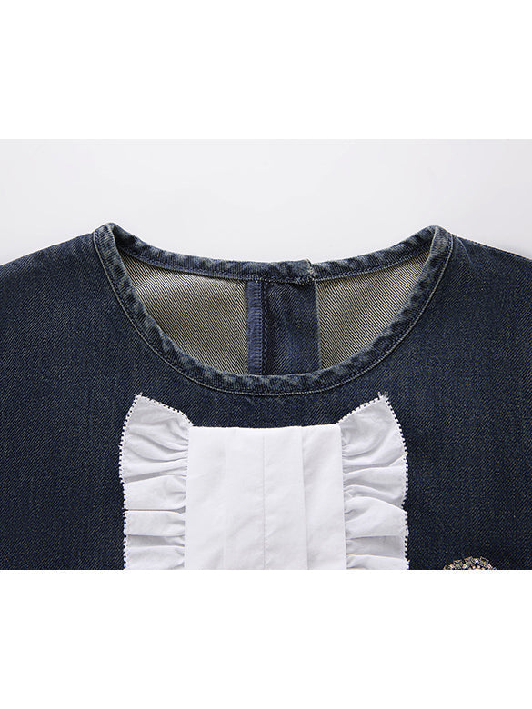 Frill Combination Denim Dress