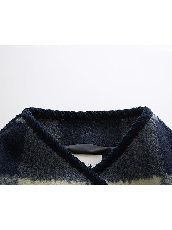 Plaid No-collar Wool Coat