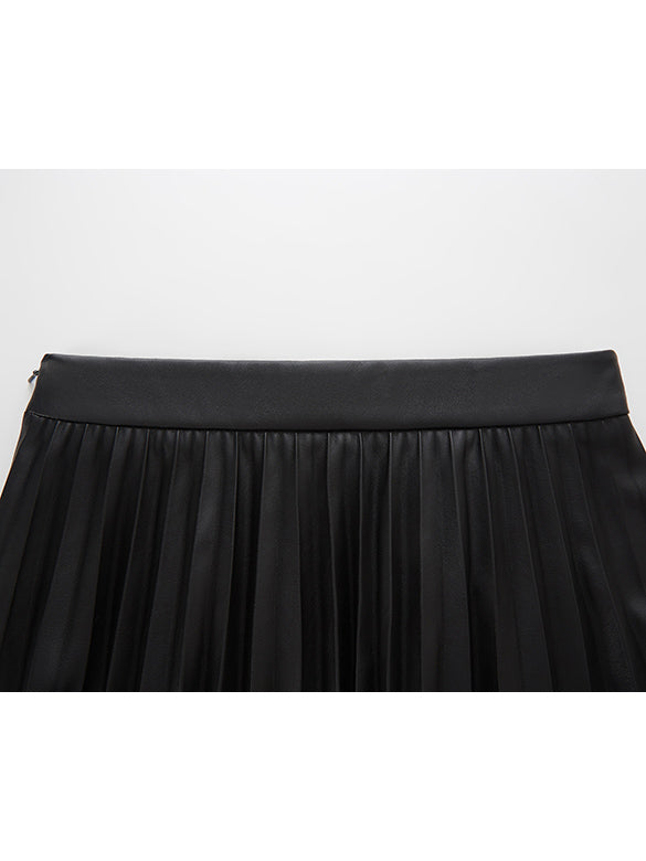 Fake Leather Pleats Skirt