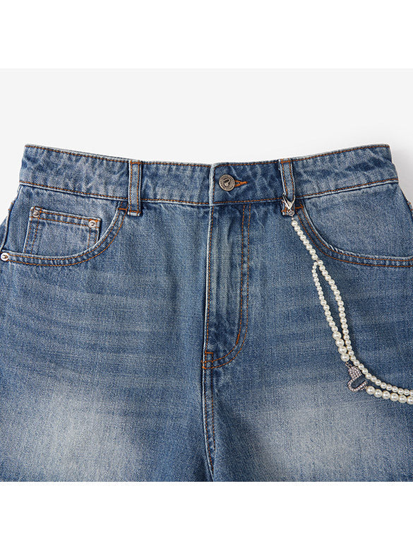 Pearl Wallet-chain Denim Short Pants