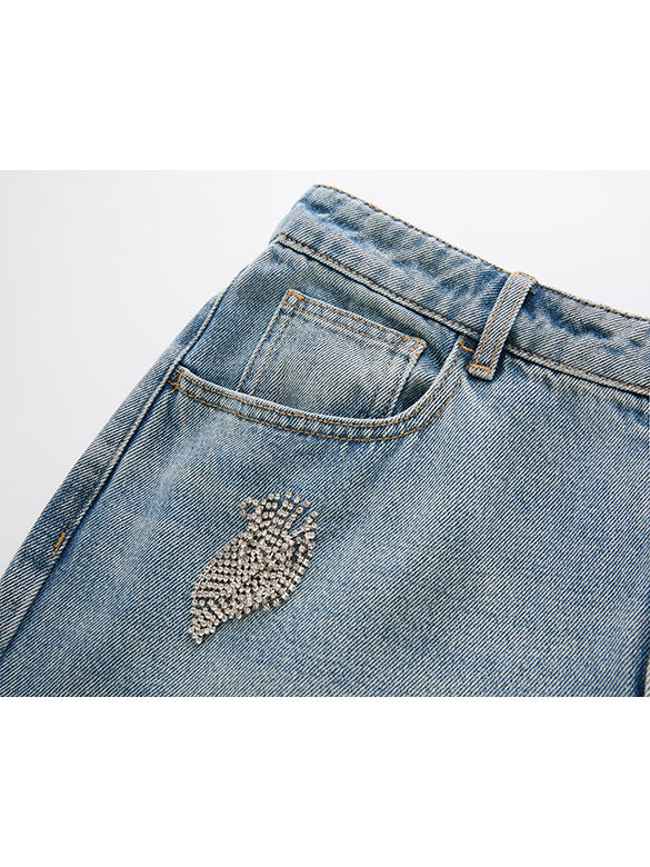 Beads Fringe Design Denim Pants