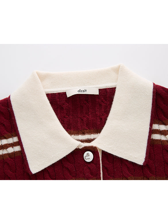 Retro Color Stripe Polo-Knit Top