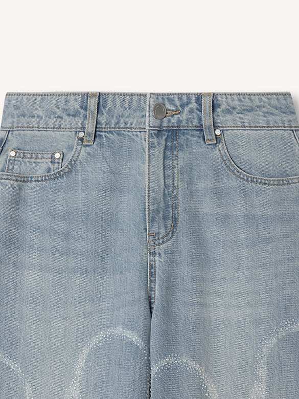 Clear-beads Heart Design Denim Pants