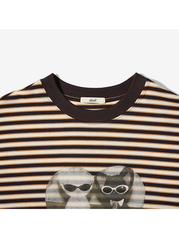 Cat Printed Stripe Long Sleeves T-shirt