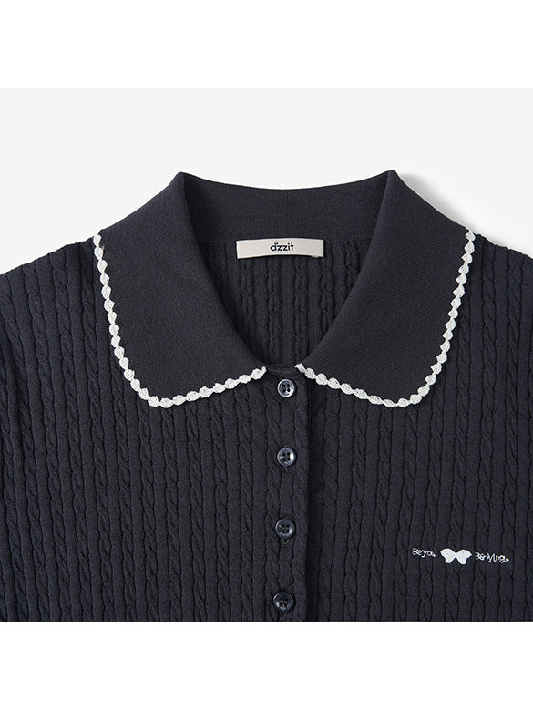 Frill Piping Polo Knit Top