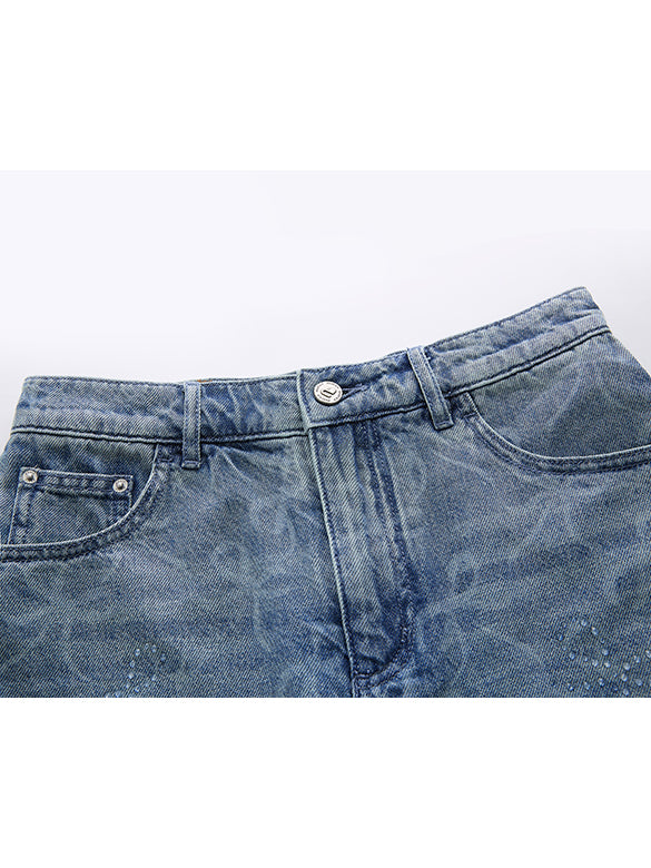 Ribbon Printed Denim Short Pants