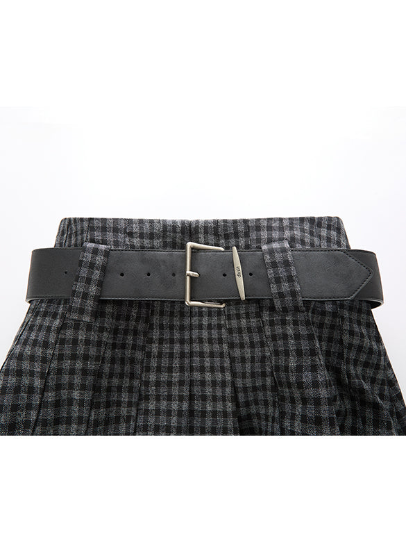 Plaid Pleats Belted Skirt