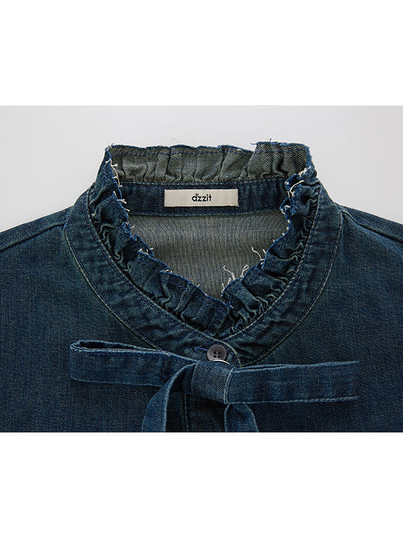 Frill-collar Bow-tie Denim Shirt