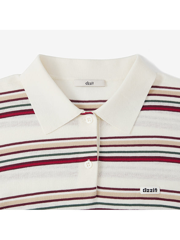 Retro Color Stripe Design Polo Knit
