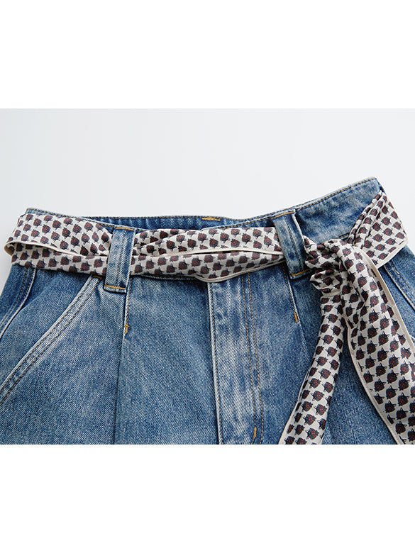 Scarf Belted Denim Half Pants