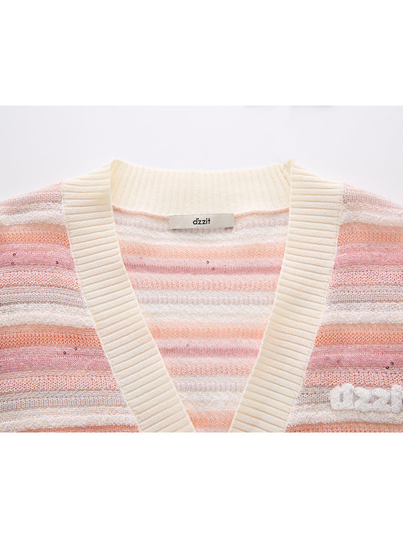 Sequins Design Pink Stripe Knit Cardigan