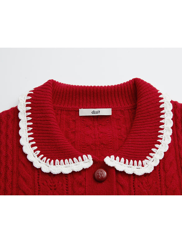 Bi-color Frill Collar Knit Cardigan