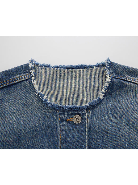 Clear Beads No-collar Denim Jacket