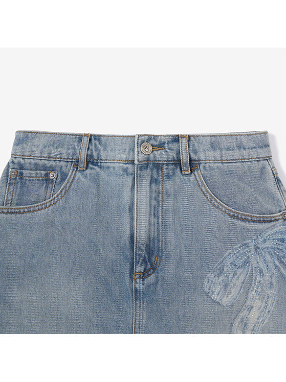 Clear Beads Ribbon Denim Short Pants
