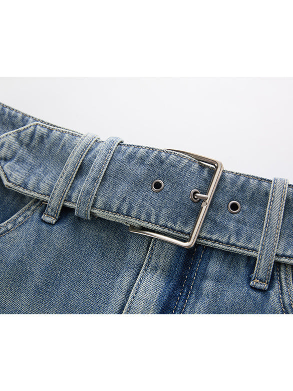 Belted Denim Short Pants