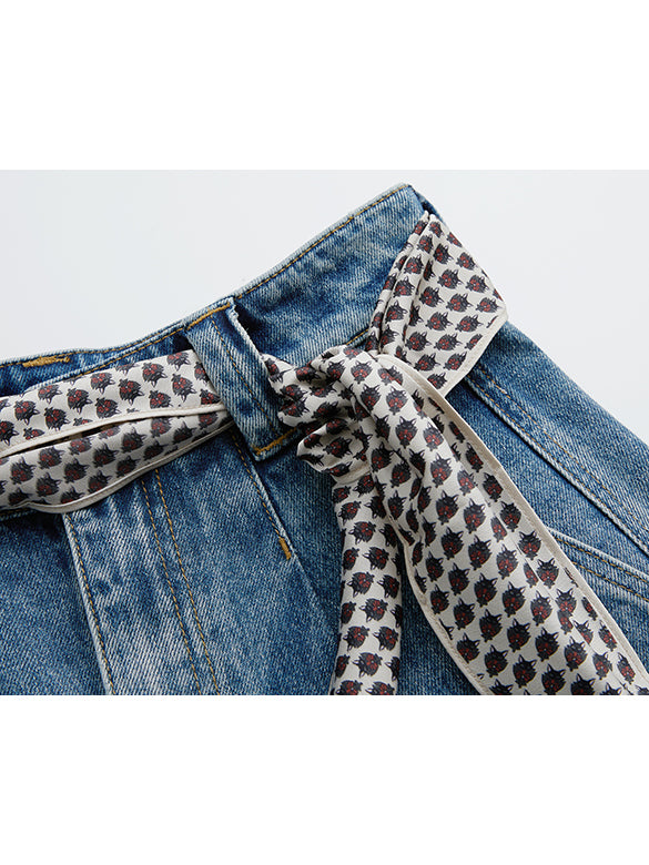 Scarf Belted Denim Half Pants