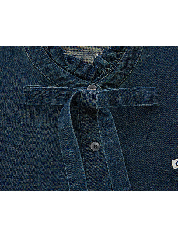 Frill-collar Bow-tie Denim Shirt