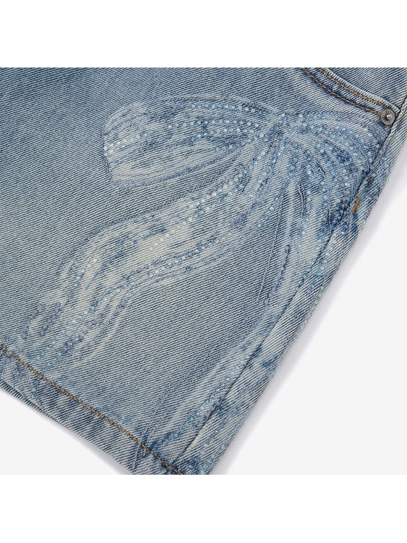 Clear Beads Ribbon Denim Short Pants