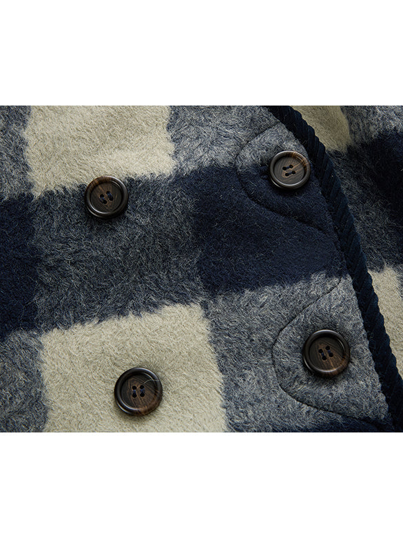 Plaid No-collar Wool Coat